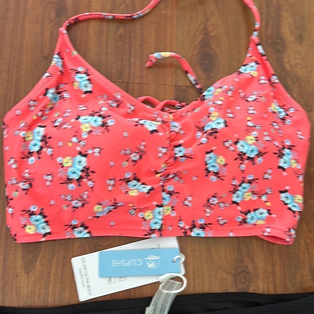 NWT Cupshe tankini swimwear set black pink peach size M - Picture 3 of 4
